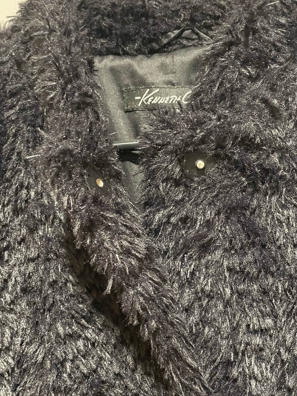 Kenneth Cole New York Cozy Chic Black Teddy Coat Mid Length Hidden Buttons Sz M - Picture 7 of 14